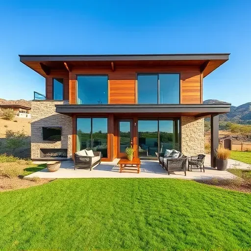 Stunning contemporary home in Wildcat Ranch TX featuring wood and stone accents, surrounded by lush greenery and Texas hills.