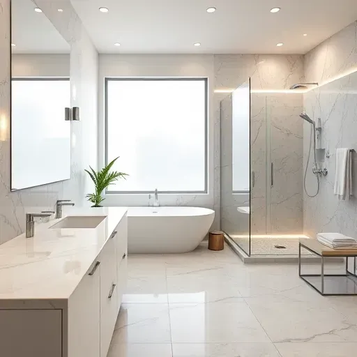 Luxurious renovated bathroom in West Euless TX with marble countertops, walk-in shower, soaking tub, natural light