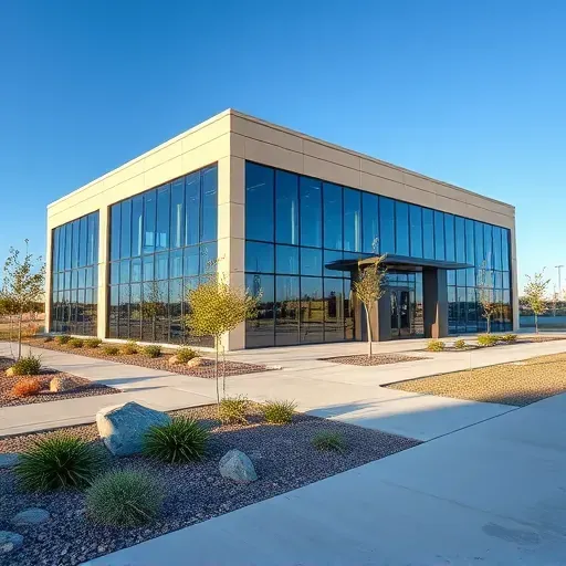 Modern commercial building in South Grand Prairie, TX, featuring glass windows, landscaped surroundings, and a professional atmosphere.