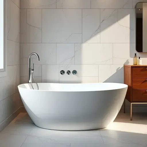 Recently completed modern white bathtub installation in a luxury Arlington TX bathroom with marble tiles and chrome fixtures