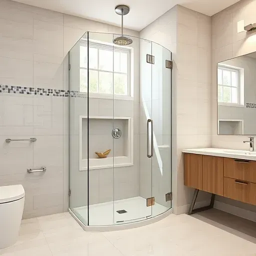 Completed modern walk-in shower in Arlington TX with glass panels, rain showerhead, sleek tiles, and stylish bathroom design