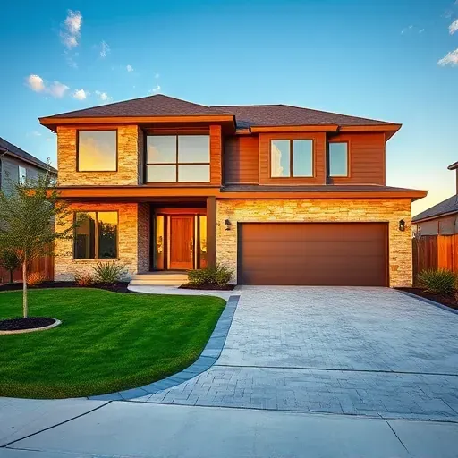 Modern home in North Grand Prairie TX with stone and wood exterior, landscaped yard, and elegant outdoor lighting.