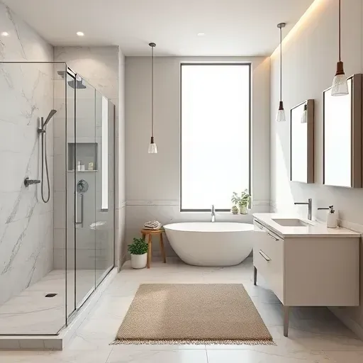 Completed modern bathroom in East Arlington TX with walk-in shower, marble tiles, freestanding tub, quartz vanity, and natural light