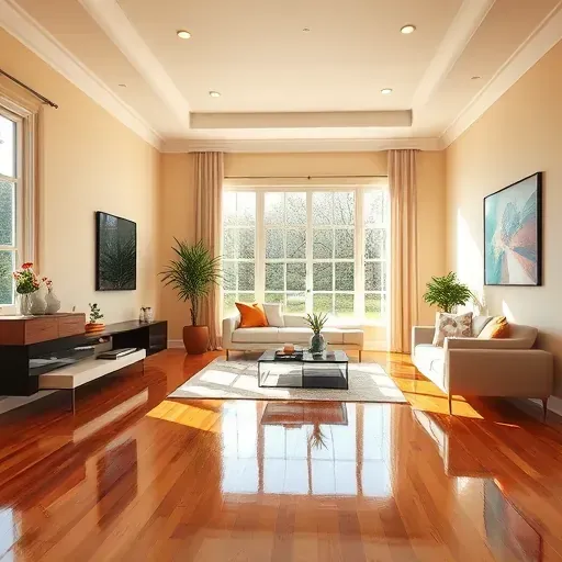 Modern living room interior with warm neutral painted walls, hardwood floors, sleek furniture, and natural light in Arlington TX