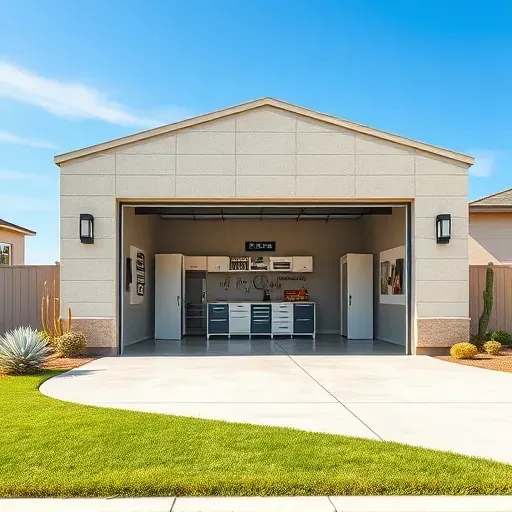 Modern Arlington TX garage with organized interior, sleek design, landscaped yard, blue sky, and Texas-inspired details