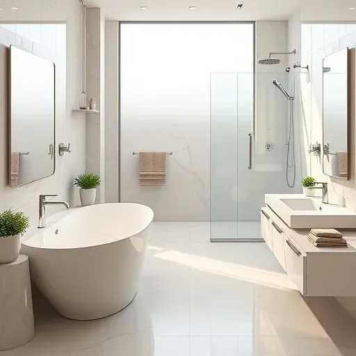 Remodeled Mansfield TX bathroom with marble floors, freestanding tub, glass shower, floating vanity, and modern decor