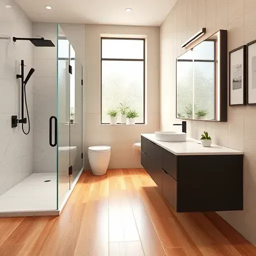 Recently remodeled bathroom in Central Euless TX with modern design, walk-in shower, floating vanity, and natural light.