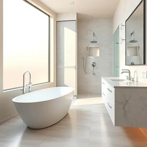 Freshly renovated modern bathroom in West Arlington TX with a white bathtub, marble vanity, rainfall shower, and sleek design elements