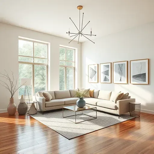 Remodeled Arlington TX living room with modern furniture hardwood floors large windows natural light textured accent wall and stylish decor