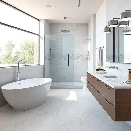Remodeled modern bathroom in Cedar Hill TX features a freestanding soaking tub, glass shower, double vanity with stone countertops, natural light, and detailed upscale finishes