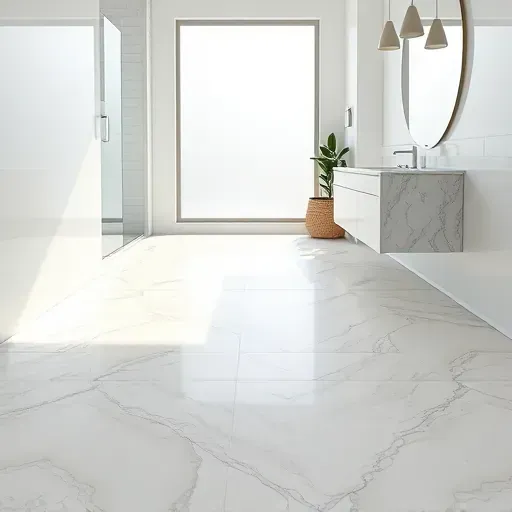 Freshly installed modern bathroom flooring in Arlington Texas with detailed patterned tiles, natural daylight, and sleek fixtures