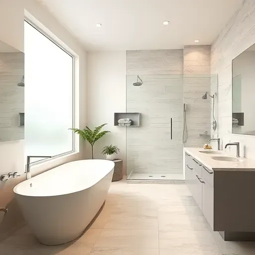 Renovated West Euless bathroom with modern fixtures, freestanding tub, marble vanity, and elegant tile work.