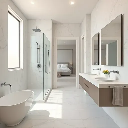 Freshly renovated bathroom in West Arlington TX featuring modern fixtures, marble countertops, and spacious walk-in shower.