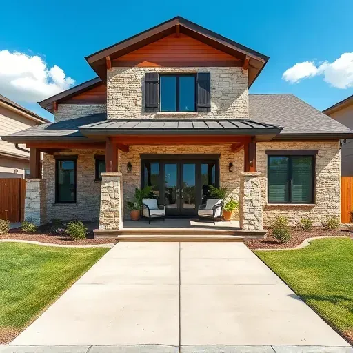 Modern family home in North Grand Prairie TX with stone and wood facade, elegant landscaping, and inviting porch.