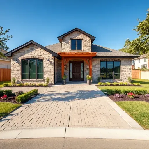 Modern single-family home in West Grand Prairie TX with stone accents, landscaped yard, and clear blue sky.