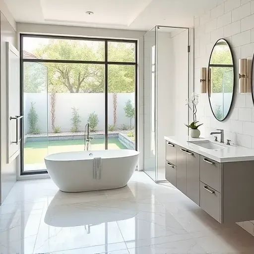 Elegant remodeled bathroom in South Arlington TX with freestanding tub, frameless shower, marble vanity, and garden view