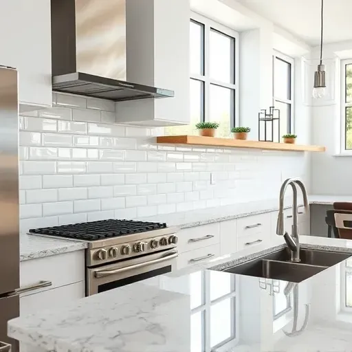 Freshly installed glossy subway tile backsplash in a modern Arlington Texas kitchen with stainless steel appliances and granite countertops
