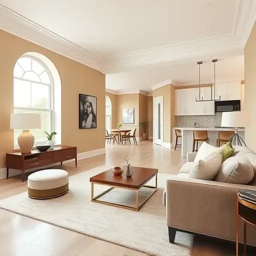 Modern Arlington TX living room with beige walls, white crown molding, natural light, elegant furniture, and open-concept layout