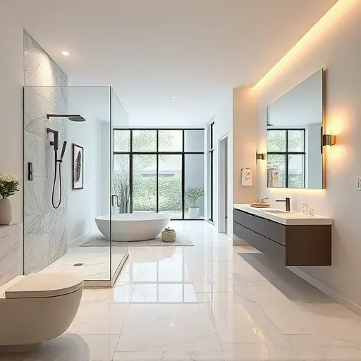 Renovated East Euless TX bathroom with modern fixtures, glass shower, floating vanity, marble flooring, and natural light