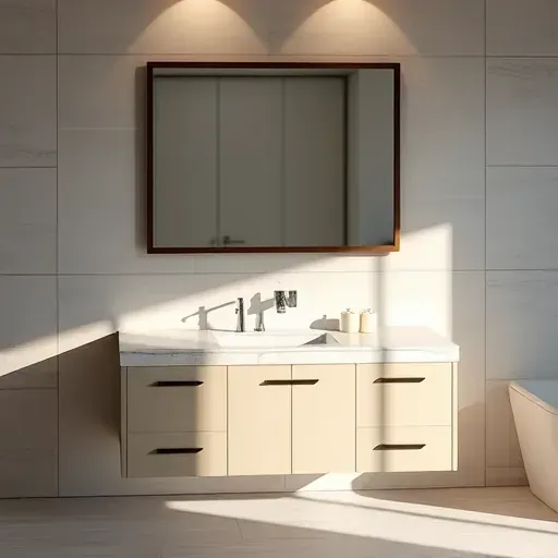 Modern bathroom vanity with marble countertop sleek fixtures undermount sink textured tiles minimal backsplash ambient lighting