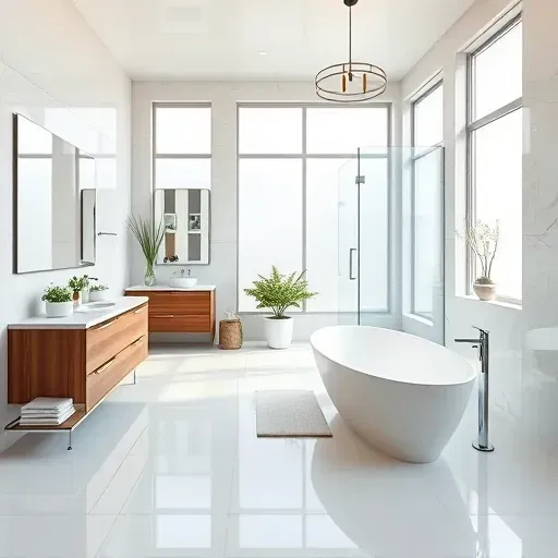 Remodeled South Euless TX modern bathroom with white tiles, quartz countertops, freestanding tub, glass shower, and elegant decor