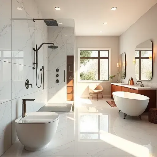 Modern renovated bathroom in South Midlothian TX with glass shower, soaking tub, marble tiles, neutral tones, and sleek fixtures