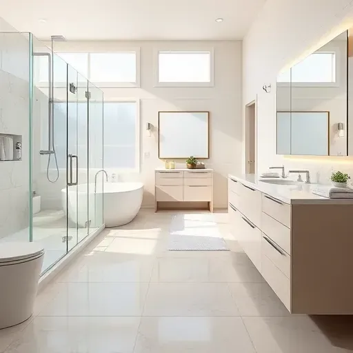 Remodeled Central Grand Prairie TX bathroom with modern fixtures, marble countertops, walk-in shower, soaking tub, and natural light