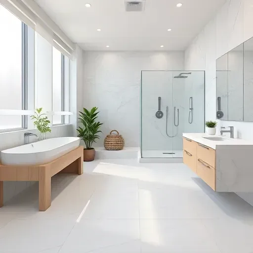 Recently remodeled bathroom in East Grand Prairie TX with modern design, marble countertops, freestanding tub, and glass shower.