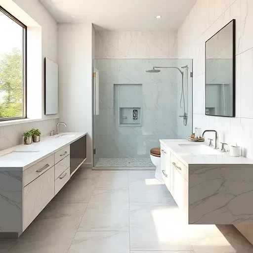 Remodeled bathroom in East Mansfield TX with marble countertops glass shower modern fixtures neutral walls and natural light