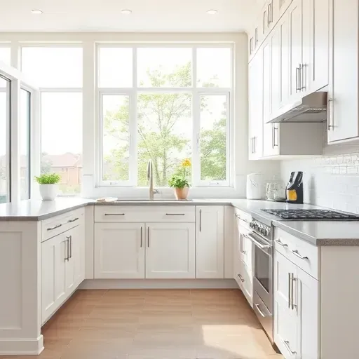 Refaced white modern kitchen cabinets with wood grain texture, quartz countertops, subway tile backsplash, and bright natural lighting