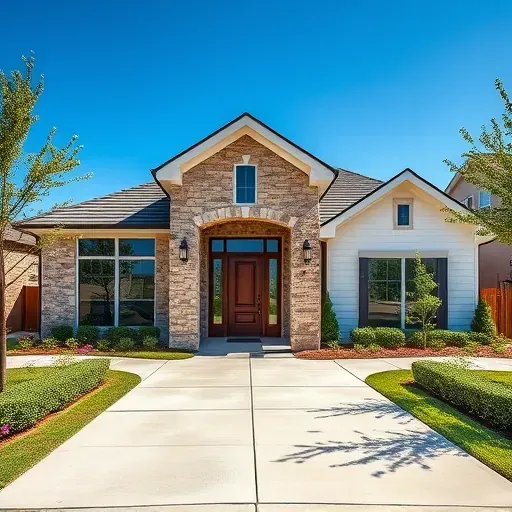 Modern home in West Mansfield, TX with stonework and white siding, surrounded by vibrant landscaping and polished concrete driveway.