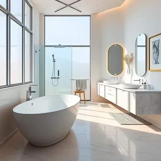 Remodeled North Mansfield TX bathroom with modern fixtures, soaking tub, frameless shower, marble vanity, and elegant decor