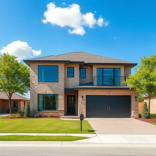 Completed modern single-family home in East Grand Prairie TX with eco-friendly features, sleek design, and lush landscaping.