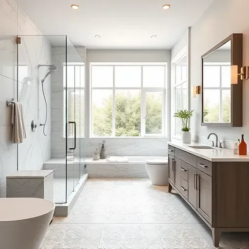 Remodeled South Grand Prairie bathroom with modern fixtures, walk-in shower, marble countertops, and stylish lighting