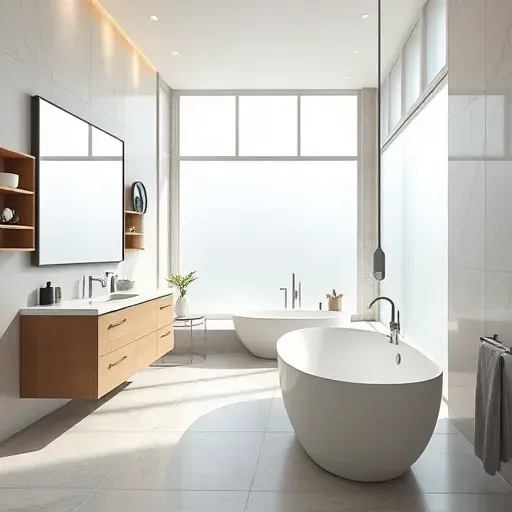 Modern Arlington TX bathroom with soaking tub, sleek vanity, elegant tile, natural light, neutral tones, and stylish storage