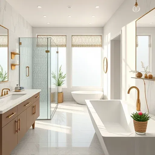 Remodeled East Mansfield TX bathroom with marble countertops, walk-in shower, soaking tub, brass fixtures, natural light.