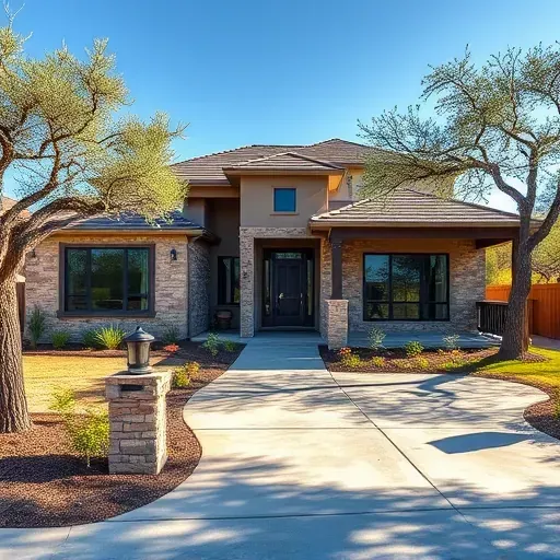 Modern residential home in Wildcat Ranch TX with stone and stucco facade, landscaped yard, and energy-efficient windows.