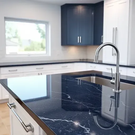 Finished navy blue granite kitchen countertops with white cabinetry and stainless steel sink in a modern Arlington TX kitchen