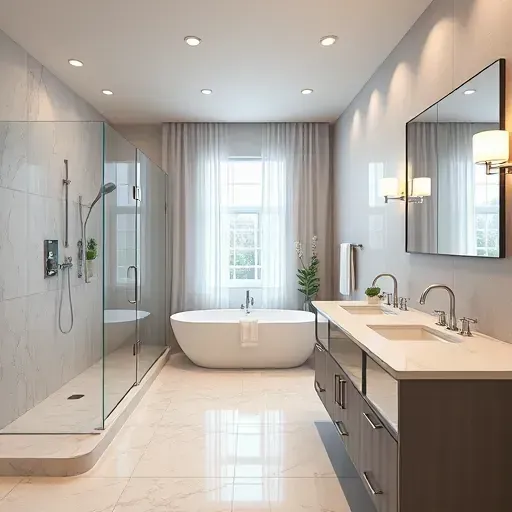 Renovated modern bathroom in West Mansfield TX with walk-in glass shower, soaking tub, double vanity, marble tiles, natural light