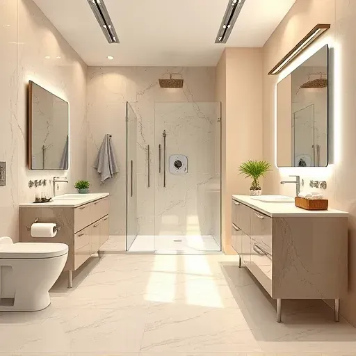 Renovated Woodland West TX bathroom with modern fixtures, marble countertops, walk-in glass shower, and elegant decor