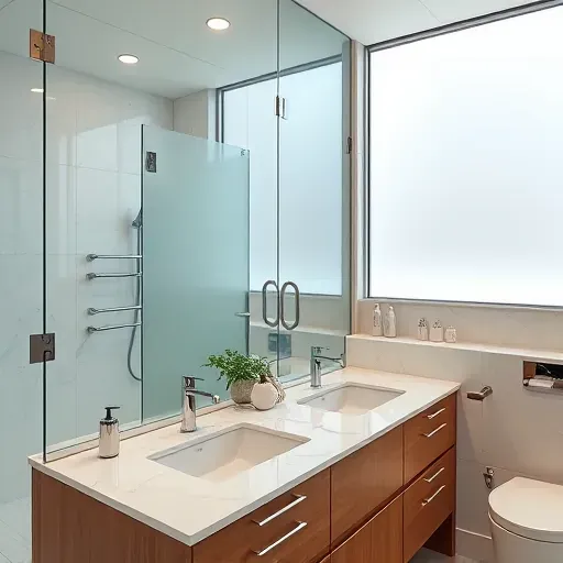 Remodeled Arlington bathroom with modern fixtures, marble tiles, double-sink vanity, and elegant chrome accents.