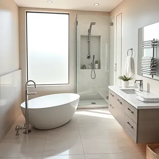 Remodeled South Cedar Hill TX bathroom with modern design, soaking tub, walk-in shower, marble vanity, and sleek fixtures