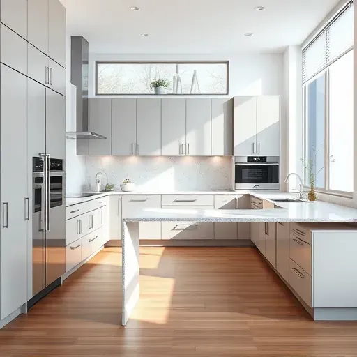 Modern Arlington kitchen with gray and white cabinets, granite island, high-end appliances, natural light, and stylish backsplash