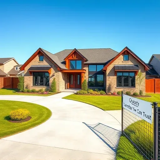 Modern residential home in Midlothian, TX with stone and wood accents, landscaped yard, and tools showcasing craftsmanship.