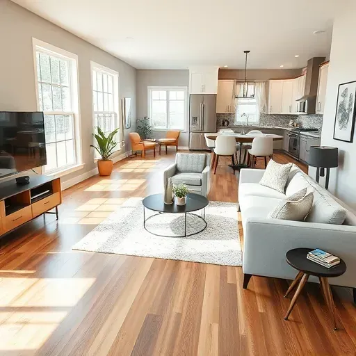 Beautiful renovated Arlington TX living room with hardwood floors, neutral walls, modern furniture, and a sleek open kitchen