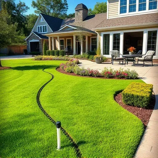 Lush front yard in Arlington TX with trimmed shrubs, colorful flower beds, modern irrigation, and stylish patio area