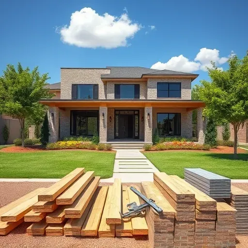 Modern residential home at a construction site in Central Cedar Hill TX with elegant landscaping and organized materials.