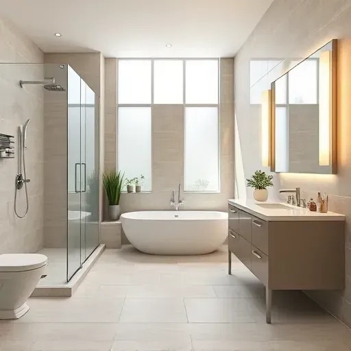 Modern remodeled bathroom in South Midlothian TX with sleek fixtures, glass shower, bathtub, porcelain tiles, and soft lighting