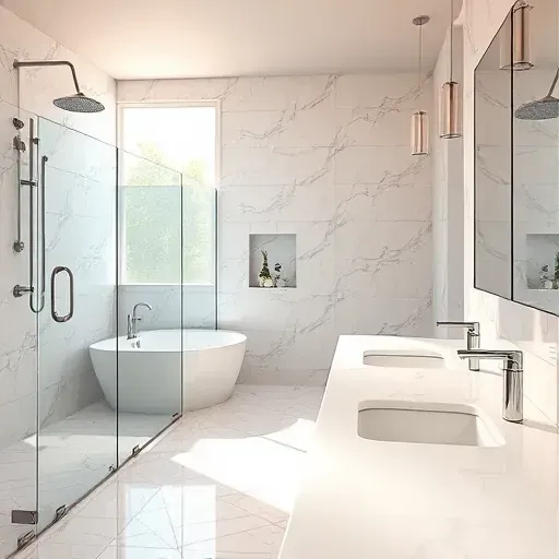 Remodeled Central Grand Prairie TX bathroom with marble shower, soaking tub, quartz countertop, and modern fixtures