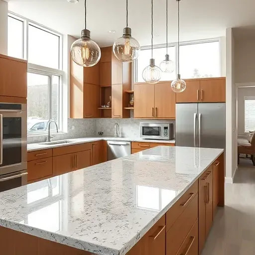 Modern kitchen island in Arlington Texas with polished granite countertops pendant lights handle-less wood cabinets stainless steel appliances and natural lighting